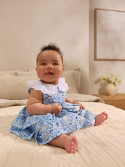 Blue Floral Baby Frill Collar Tiered 100% Cotton Dress (0mths-2yrs) - Image 3 of 11