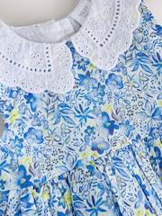 Blue Floral Baby Frill Collar Tiered 100% Cotton Dress (0mths-2yrs) - Image 9 of 11