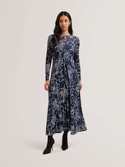 Ted Baker Blue Norhaa Textured Mesh Baby Lock Seams Midi Dress - Image 1 of 5