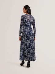Ted Baker Blue Norhaa Textured Mesh Baby Lock Seams Midi Dress - Image 2 of 5