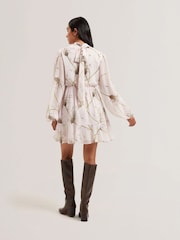 Ted Baker Pink Arakas Printed Long Sleeve Neck Tie Mini Dress - Image 2 of 3