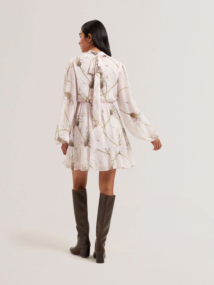 Ted Baker Pink Arakas Printed Long Sleeve Neck Tie Mini Dress - Image 2 of 3