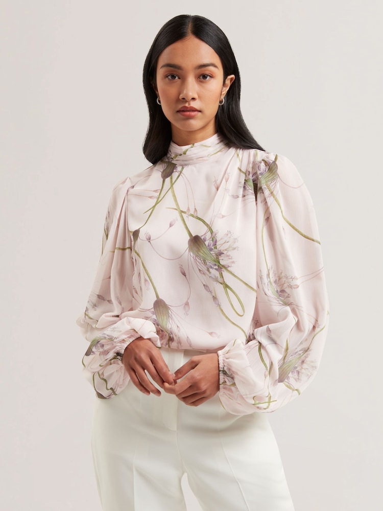 Ted Baker Pink Alati Printed Tie Neck Long Sleeve Blouse - Image 2 of 6
