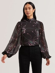 Ted Baker Black Alati Printed Tie Neck Long Sleeve Blouse - Image 2 of 6