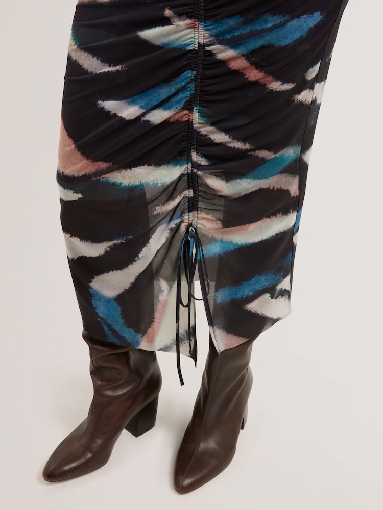 Ted Baker Black Ellylou Printed Mesh Bodycon Gathered Midi Dress - Image 3 of 5