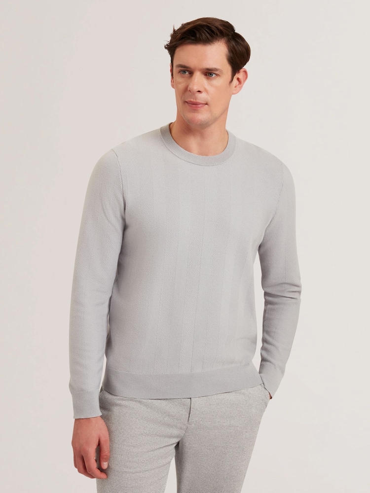 Ted Baker Grey Jamals Long Sleeve Herringbone Stitch Crew Neck Jumper - Image 2 of 6
