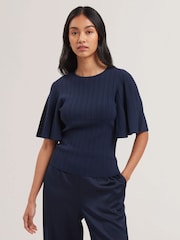 Ted Baker Blue Iivanna Crew Neck Fluted Sleeve Knit Top - Image 3 of 6