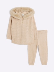 River Island Cream Baby Girls Cream Knitted Hoodie & Joggers Set - Image 1 of 4