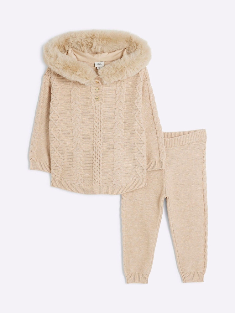 River Island Cream Baby Girls Cream Knitted Hoodie & Joggers Set - Image 1 of 4 River Island Cream Baby Girls Cream Knitted Hoodie & Joggers Set - Image 1 of 4