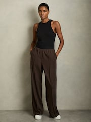 Reiss Chocolate Brown Lucia Wide Petite Wide-Leg Elasticated-Waistband Trousers - Image 1 of 7