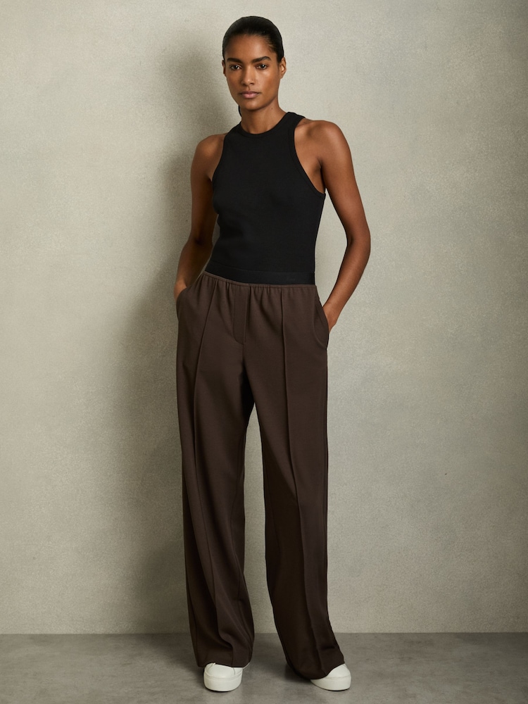 Reiss Chocolate Brown Lucia Wide Petite Wide-Leg Elasticated-Waistband Trousers - Image 1 of 7