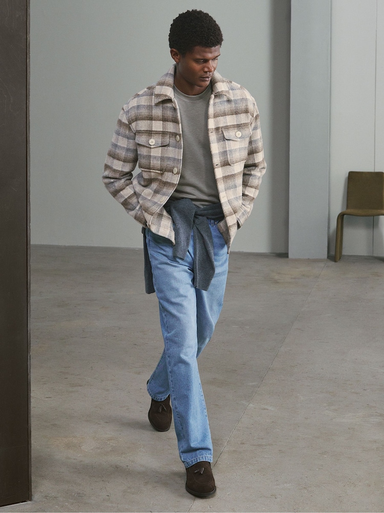 Reiss Oatmeal Mellish Brushed Wool-Blend Check Overshirt - Image 1 of 6