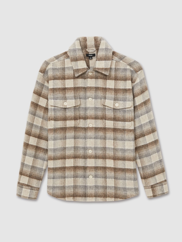 Reiss Oatmeal Mellish Brushed Wool-Blend Check Overshirt - Image 2 of 6