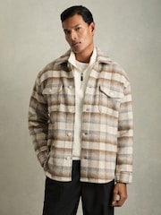 Reiss Oatmeal Mellish Brushed Wool-Blend Check Overshirt - Image 3 of 6