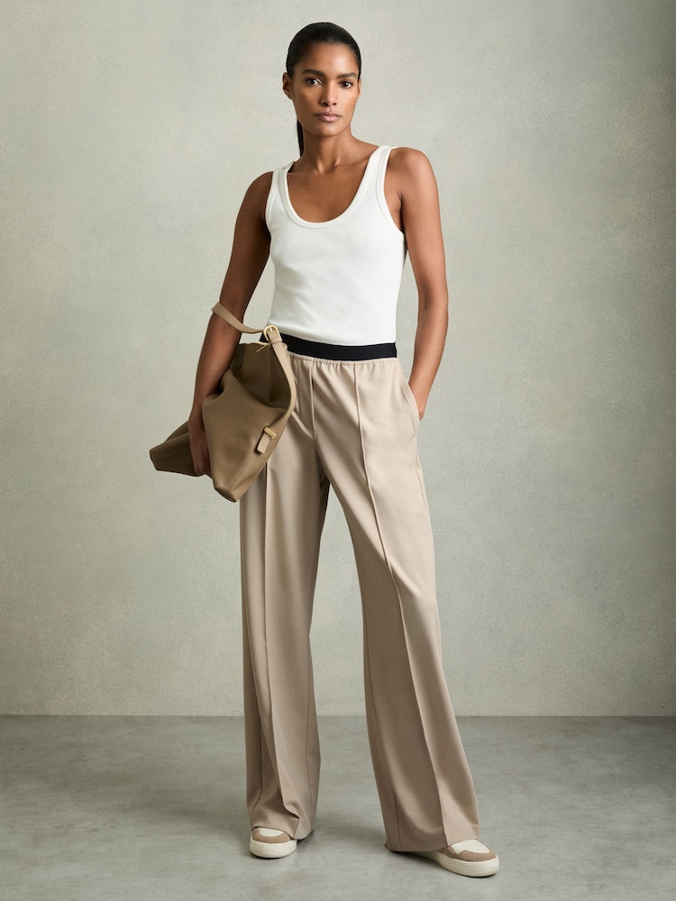 Reiss Neutral Lucia Wide Wide-Leg Elasticated-Waistband Trousers - Image 1 of 6
