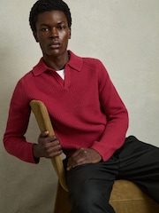 Reiss Red Kingston Rib Knit Open Collar Polo Shirt - Image 1 of 6