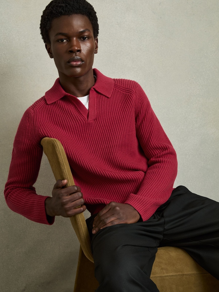 Reiss Red Kingston Rib Knit Open Collar Polo Shirt - Image 1 of 6