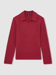 Reiss Red Kingston Rib Knit Open Collar Polo Shirt - Image 2 of 6