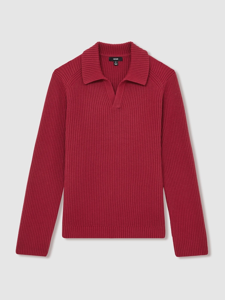 Reiss Red Kingston Rib Knit Open Collar Polo Shirt - Image 2 of 6