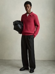 Reiss Red Kingston Rib Knit Open Collar Polo Shirt - Image 3 of 6