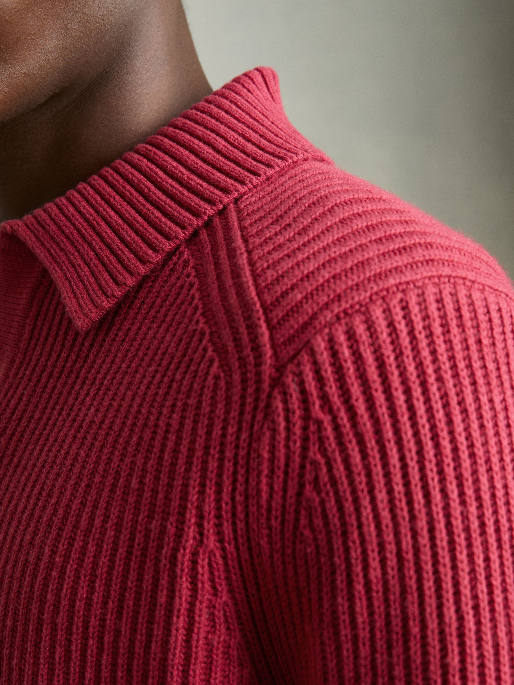 Buy Reiss Red Kingston Rib Knit Open Collar Polo Shirt from