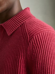 Reiss Red Kingston Rib Knit Open Collar Polo Shirt - Image 4 of 6