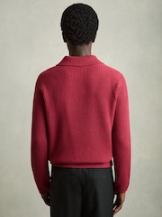 Reiss Red Kingston Rib Knit Open Collar Polo Shirt - Image 5 of 6