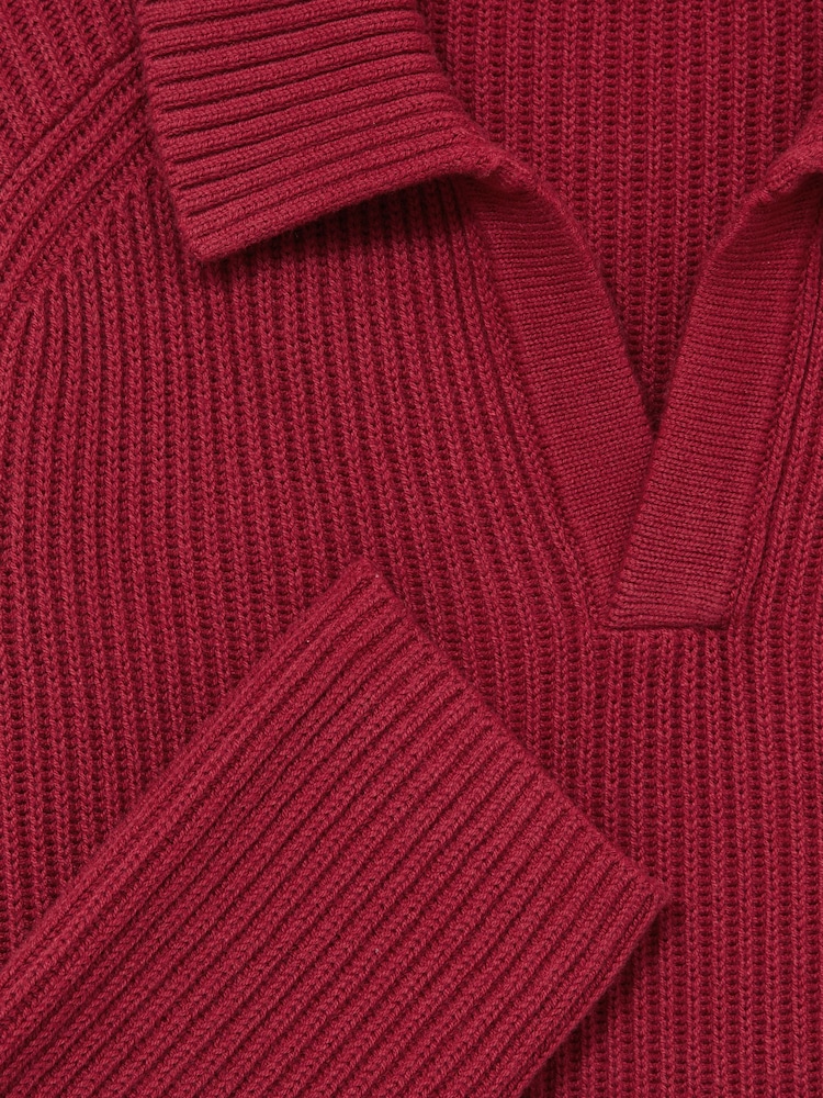 Reiss Red Kingston Rib Knit Open Collar Polo Shirt - Image 6 of 6