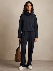 Reiss Navy Sophia Interlock-Jersey Pintuck Drawstring Joggers - Image 1 of 6
