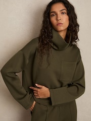 Reiss Khaki Iris Interlock-Jersey Funnel-Neck Sweatshirt - Image 1 of 6