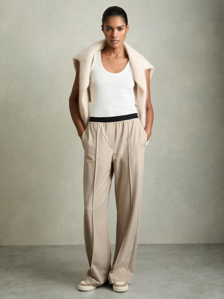 Reiss Neutral Lucia Wide Petite Wide-Leg Elasticated-Waistband Trousers - Image 1 of 7
