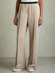 Reiss Neutral Lucia Wide Petite Wide-Leg Elasticated-Waistband Trousers - Image 3 of 7