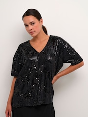 Kaffe The Kanicole Sequins V-Neck Black T-Shirt - Image 2 of 5