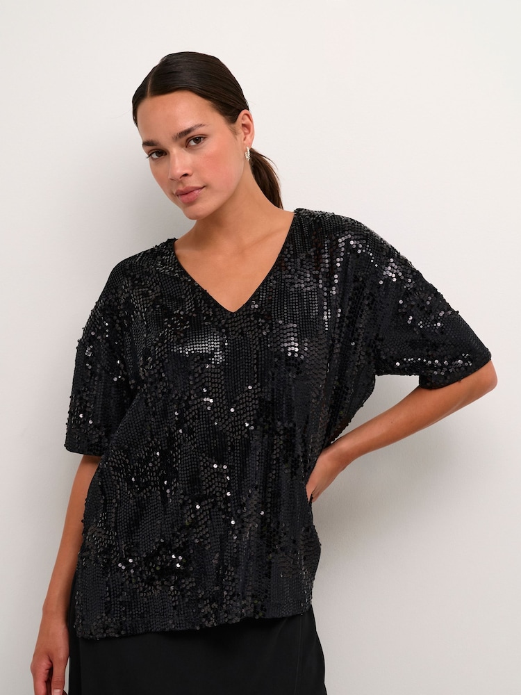 Kaffe The Kanicole Sequins V-Neck Black T-Shirt - Image 2 of 5