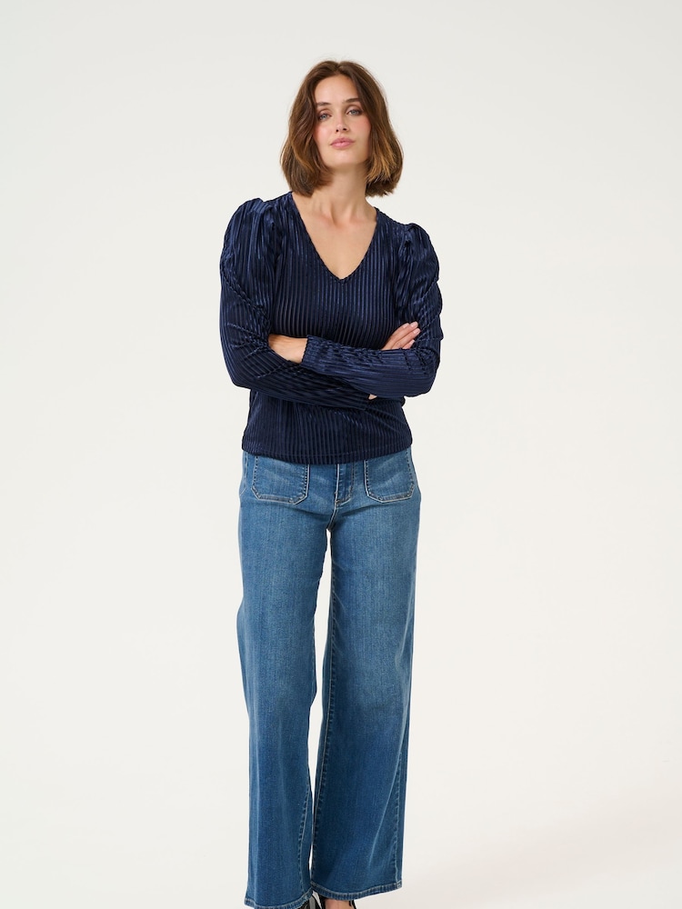 Kaffe Blue Kacaca Corduroy With V-Neck Blouse - Image 2 of 5