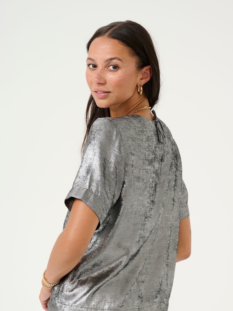 Kaffe Grey Kalorina Metallic Short Sleeve Blouse - Image 2 of 6