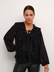 Kaffe Kaninna V-Neck Ruffles Chiffon Black Blouse - Image 1 of 6