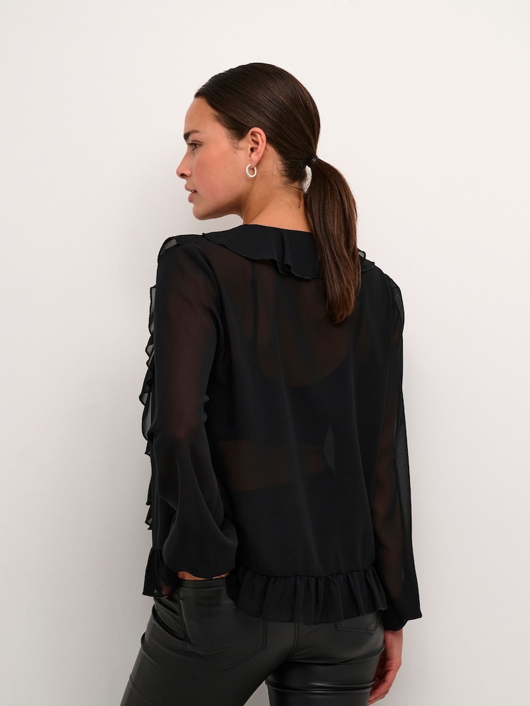 Kaffe Kaninna V-Neck Ruffles Chiffon Black Blouse - Image 2 of 6