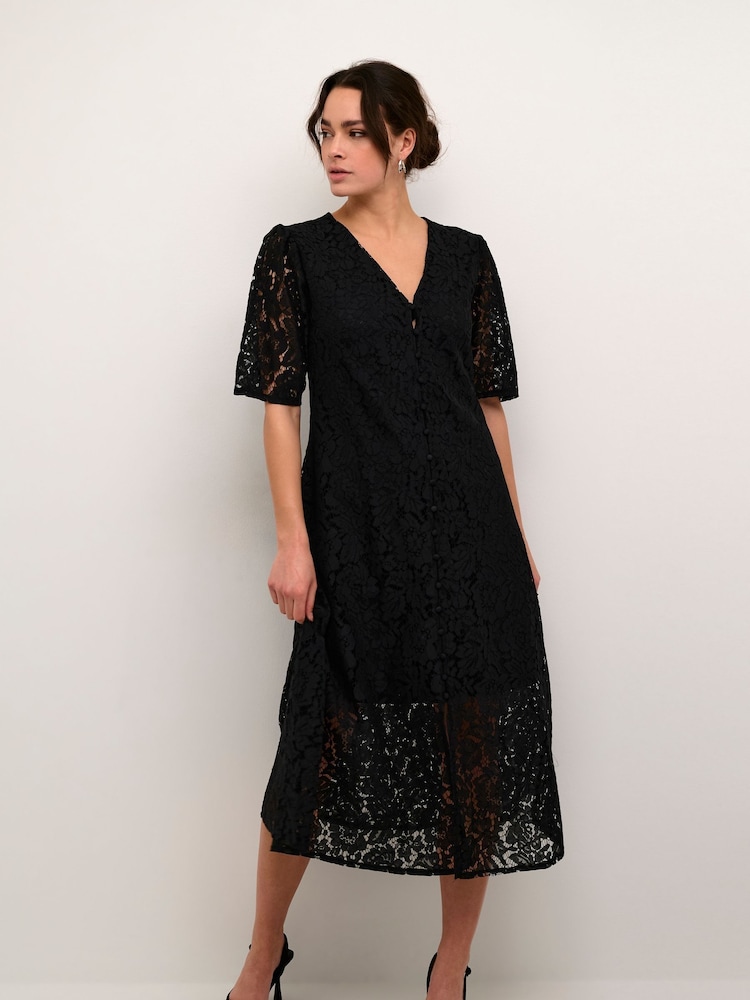 Kaffe Kanomi Lace V-Neck Midi Black Dress - Image 1 of 5
