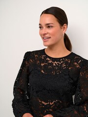 Kaffe Kanomi Lace Sheer Round Neck Black Blouse - Image 1 of 6