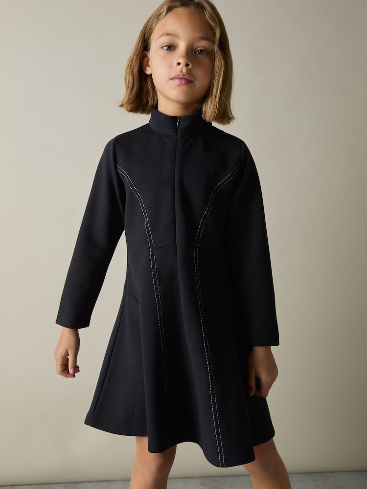 Reiss Navy Kelly 4-9 yrs Jersey Contrast-Stitch Flared Dress - Image 1 of 4