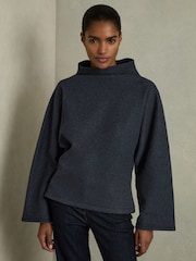 Reiss Navy Cora Cotton-Blend High-Neck Top - Image 1 of 6