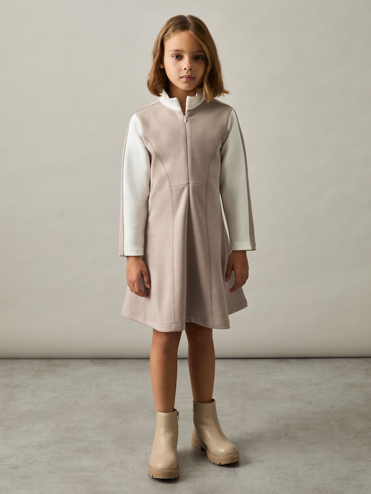 Reiss Ecru Kelly 4-9 yrs Jersey Contrast-Stitch Flared Dress - Image 1 of 4