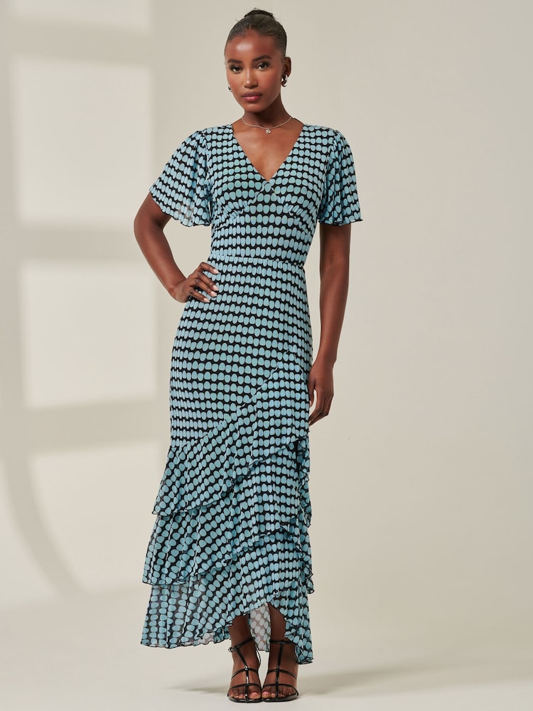 Jolie Moi Blue Geo Print Tiered Maxi Dress - Image 1 of 6