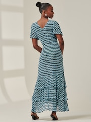 Jolie Moi Blue Geo Print Tiered Maxi Dress - Image 2 of 6