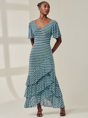 Jolie Moi Blue Geo Print Tiered Maxi Dress - Image 4 of 6