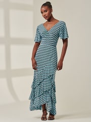 Jolie Moi Blue Geo Print Tiered Maxi Dress - Image 5 of 6