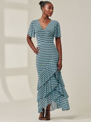 Jolie Moi Blue Geo Print Tiered Maxi Dress - Image 6 of 6