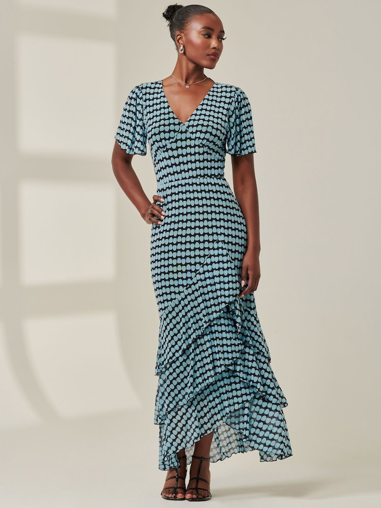 Jolie Moi Blue Geo Print Tiered Maxi Dress - Image 6 of 6