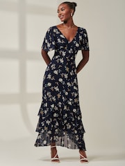 Jolie Moi Blue Angel Sleeve Tiered Hem Maxi Dress - Image 1 of 6